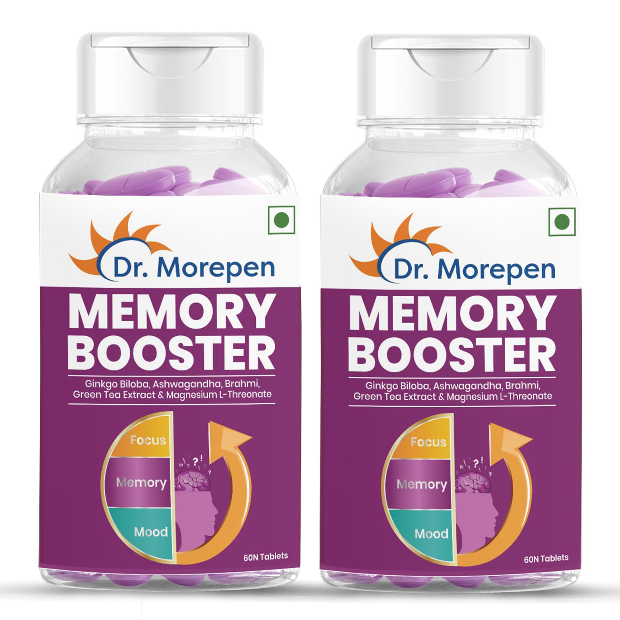 DR. MOREPEN Memory, Focus & Mood Tablets with GABA, Ashwagandha & Chamomile for Brain Health - 60 Veg Tablets Pack of 2