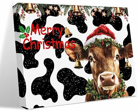 Canvas Wall Art - Christmas Cow Pattern Framed Wall Decor Canvas Painting Prints,Black and White Farm Animal Picture Oil Painting Artwork for Bedroom Living Room Office 32"x48"