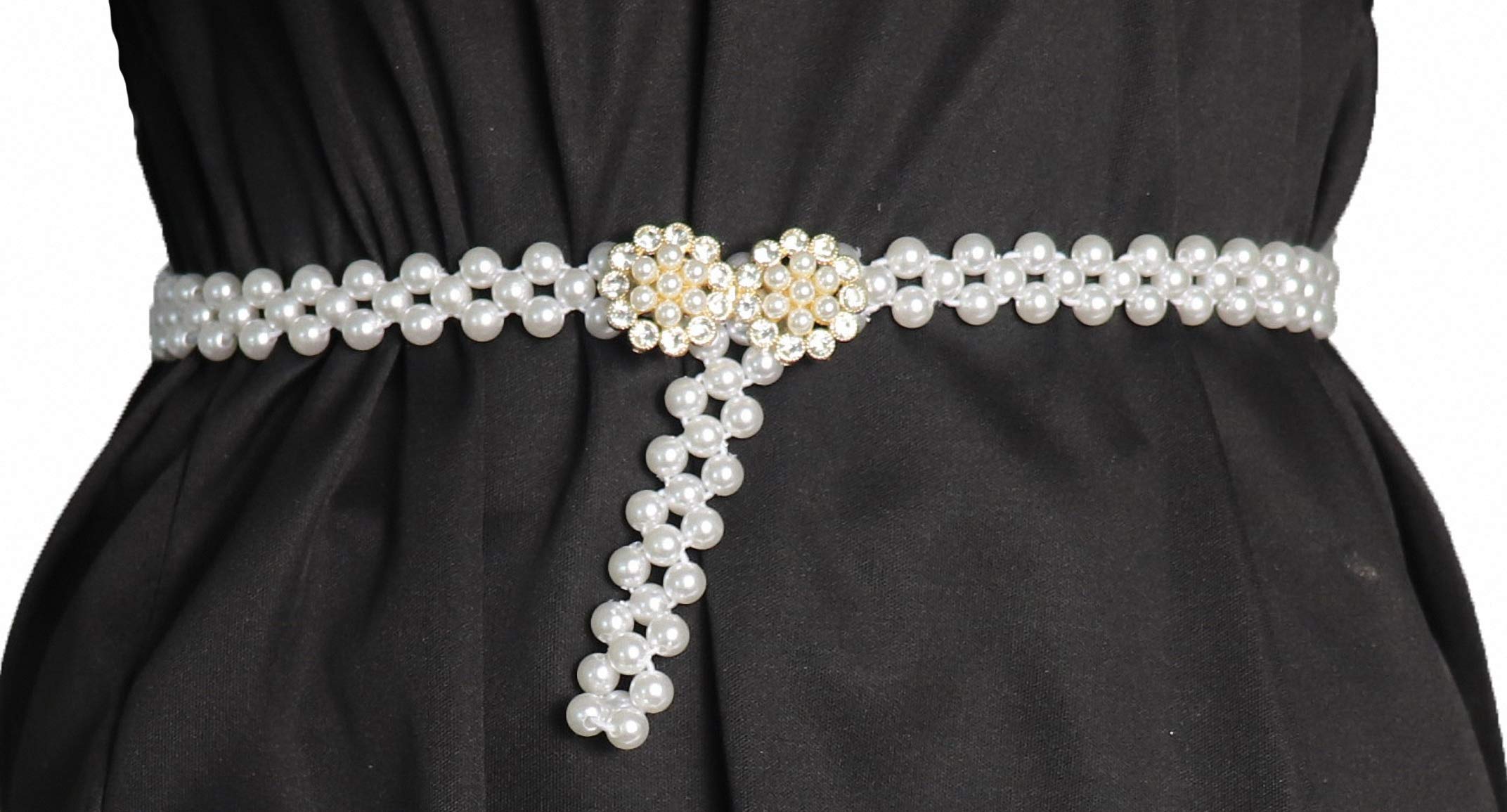 Ulalaza Women's 10010/El95-4 Stretch Pearl Belt,Rhinestones Interlocking Buckle Dress Elastic Waist Belts For Party Dress And Wedding Dresses Sash