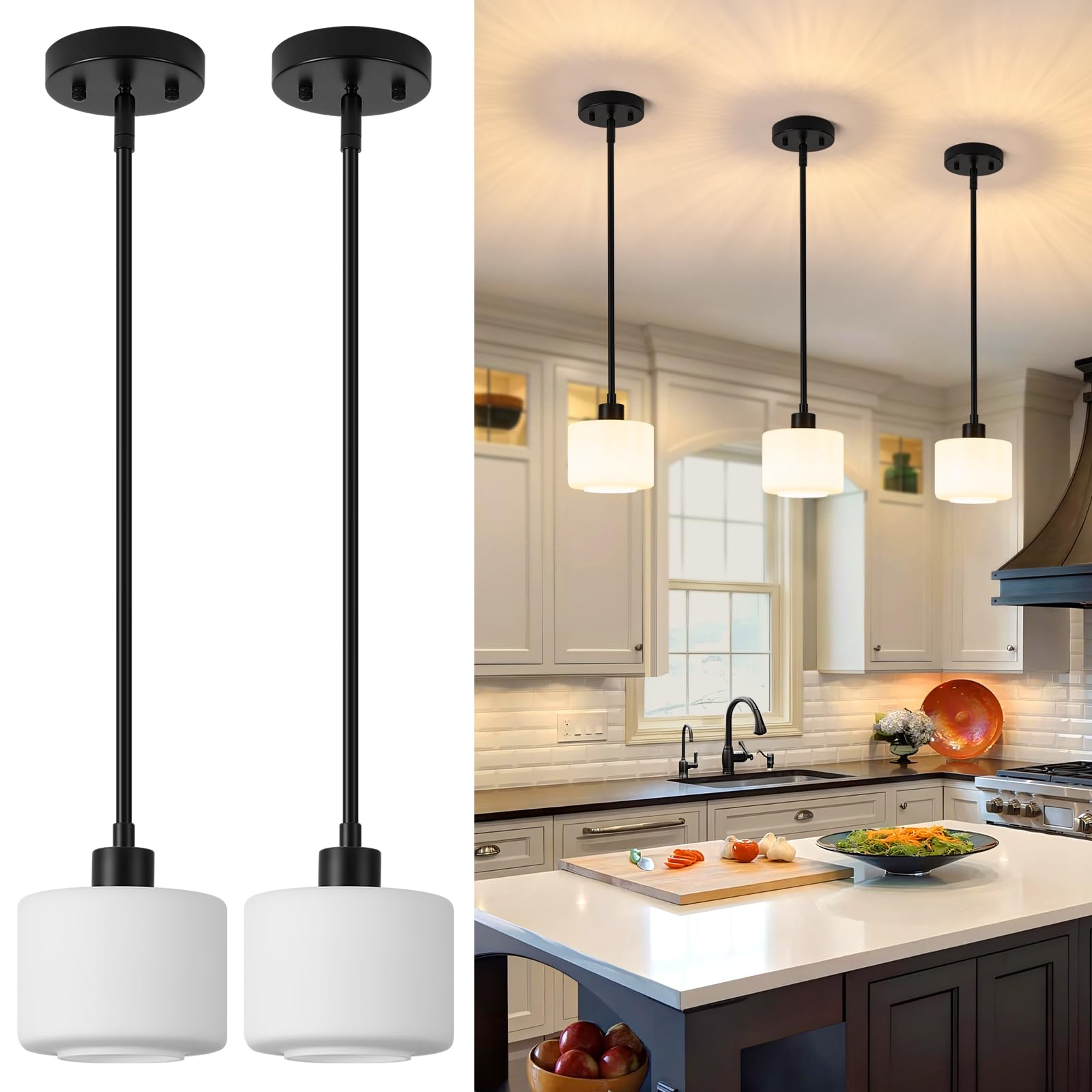 Photo 1 of Osimir Black Pendant Lights Kitchen Island 2 Pack, Modern Milk Glass Hanging Light Fixtures with Rods, Mini Kitchen Pendant Lighting Over Island for Sink Bathroom, OS-YQ8153-2PBK