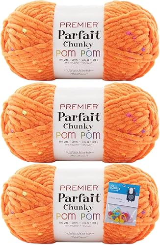 Premier Yarns Parfait - Ovillo de pompón grueso, 3.5 onzas, #6 súper voluminoso, paquete de 3 unidades con marcadores de puntada Bella's Crafts