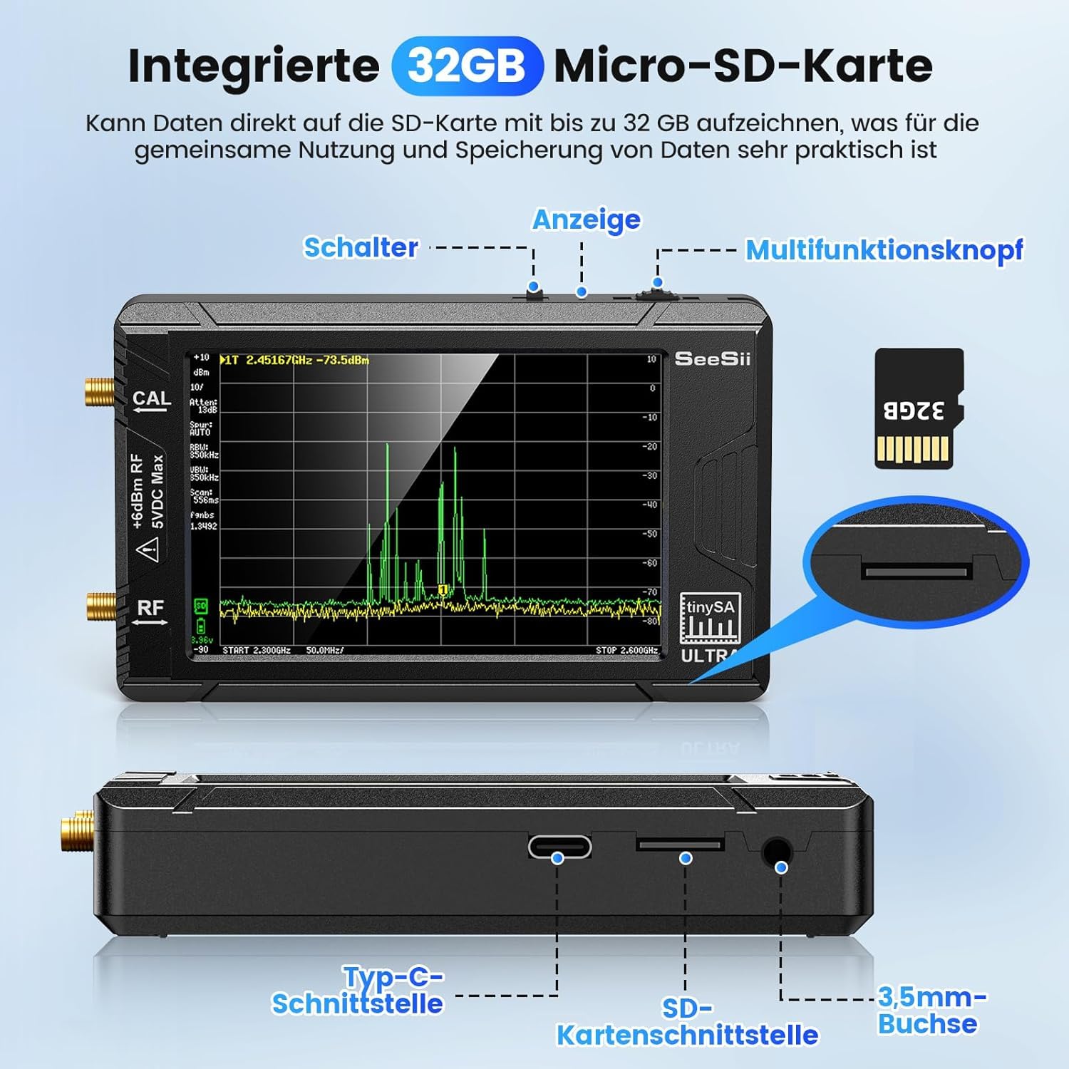 SeeSii TinySA Ultra Spektrumanalysator mit 50W Dämpfungsglied, 4,0 Zoll Frequenzanalysator 100 kHz- 5,3G Hz, 2-in-1 Signalgenerator 100 kHz - 800 MHz MF/VHF/HF UHF Eingang mit 32 GB Speicherkarte
