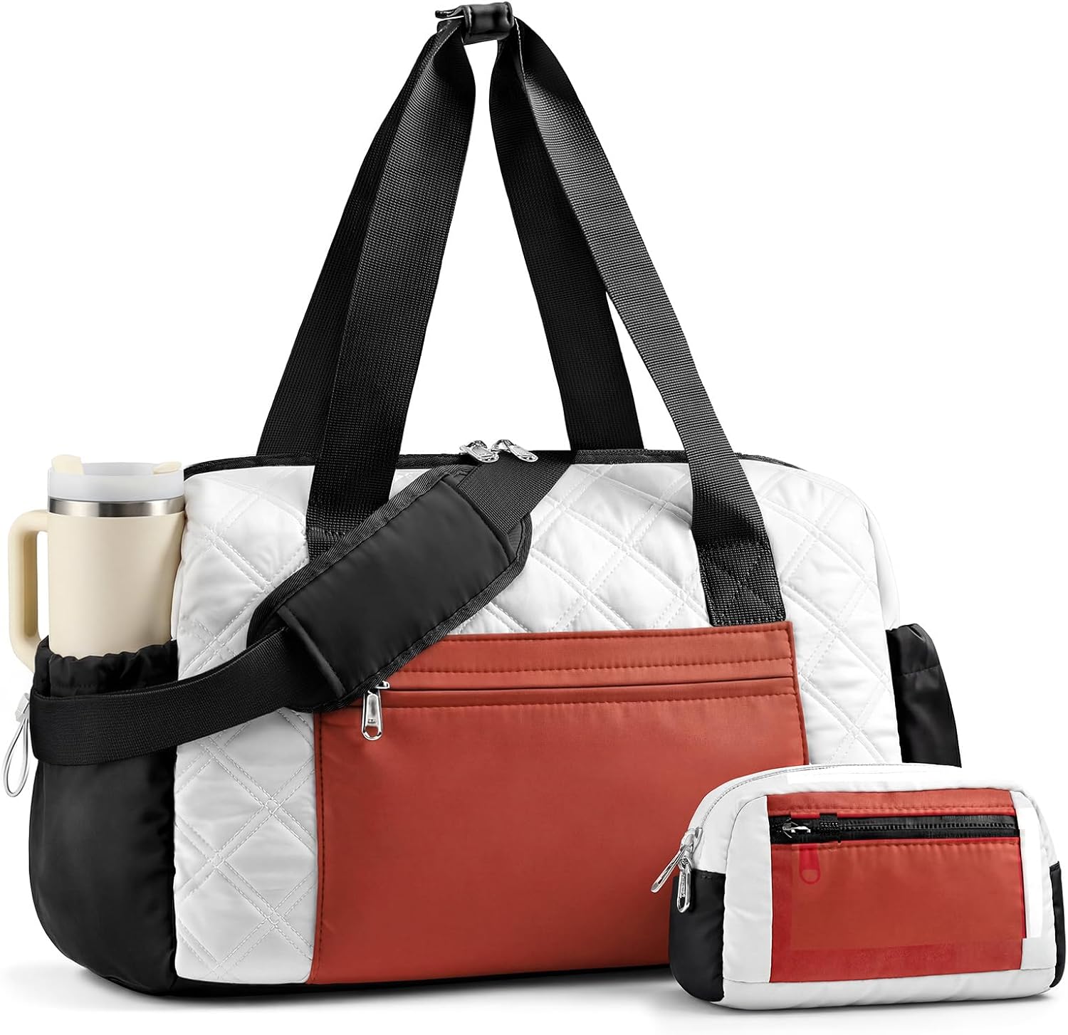 Puffer Gym Bag for Women, Quilted Weekender Bag for Travel, Lightweight Carry on Duffle for Sports Workout Dance Ballet Yoga Gymnastics Hospital with Wet Pocket, Beige-black-brown