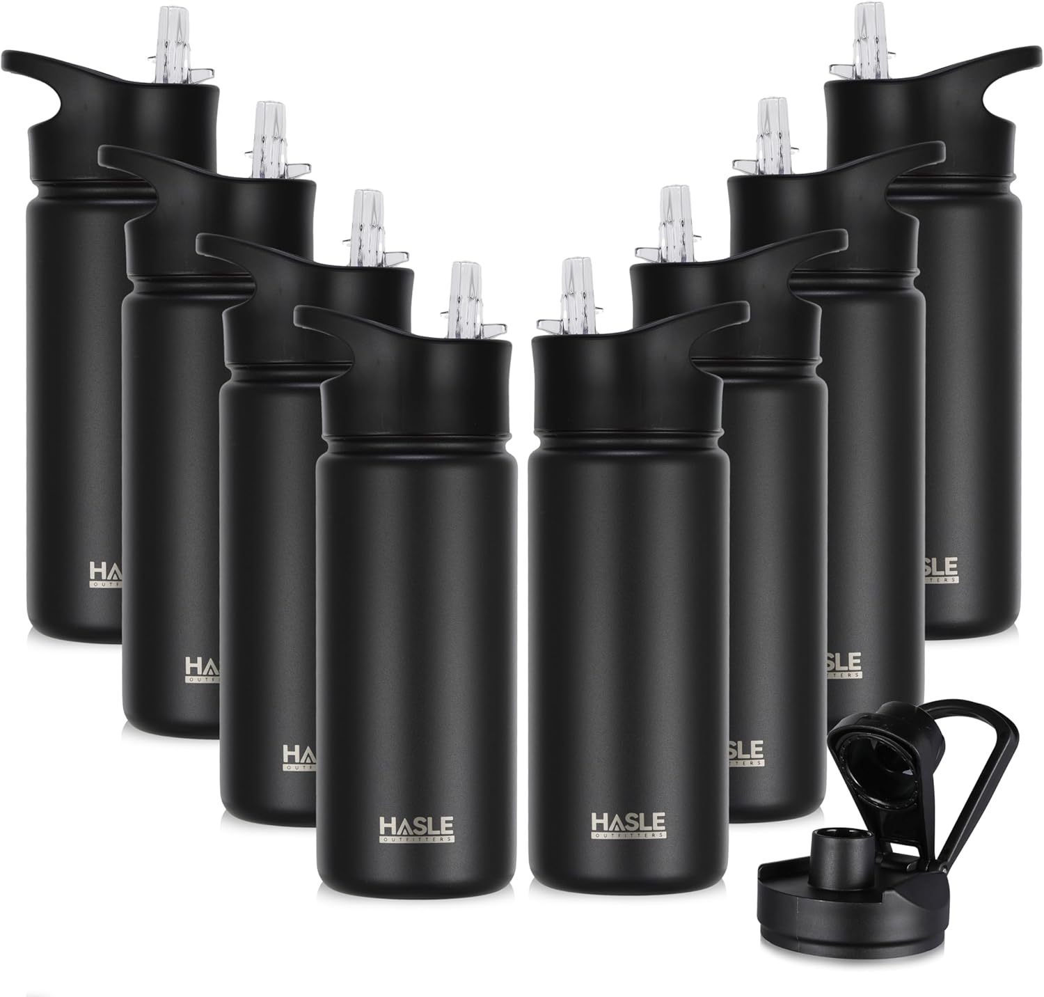 HASLE OUTFITTERS Insulated Water Bottle 16 oz Double Wall Vacuum Stainless Steel Water Bottle Leak Proof for School Wide Mouth with Straw Lid & Spout Lid Keeps Cold and Hot(Black,8pack)