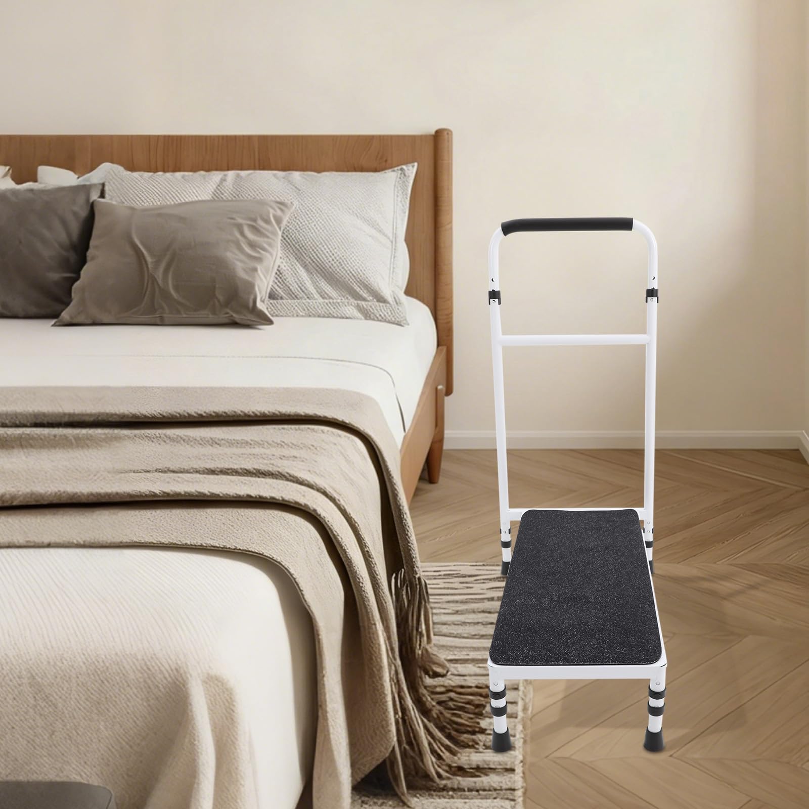 Scalino mobile di sicurezza per anziani, antiscivolo, 1 gradino, con corrimano regolabile, portata fino a 150 kg, ideale per vasca da bagno, letto e veicolo (bianco)