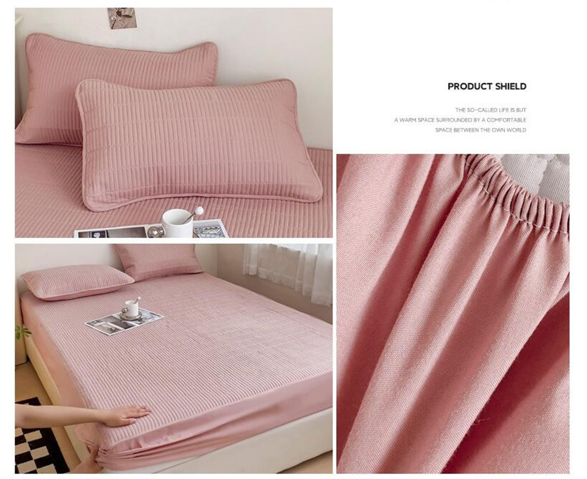 Pack de 3 Piezas Sabana Bajera Elastica Algodón, Color Sólido, 220 x 200 CM + 2 Fundas de Almohada, Sabanas Bajera Rosa