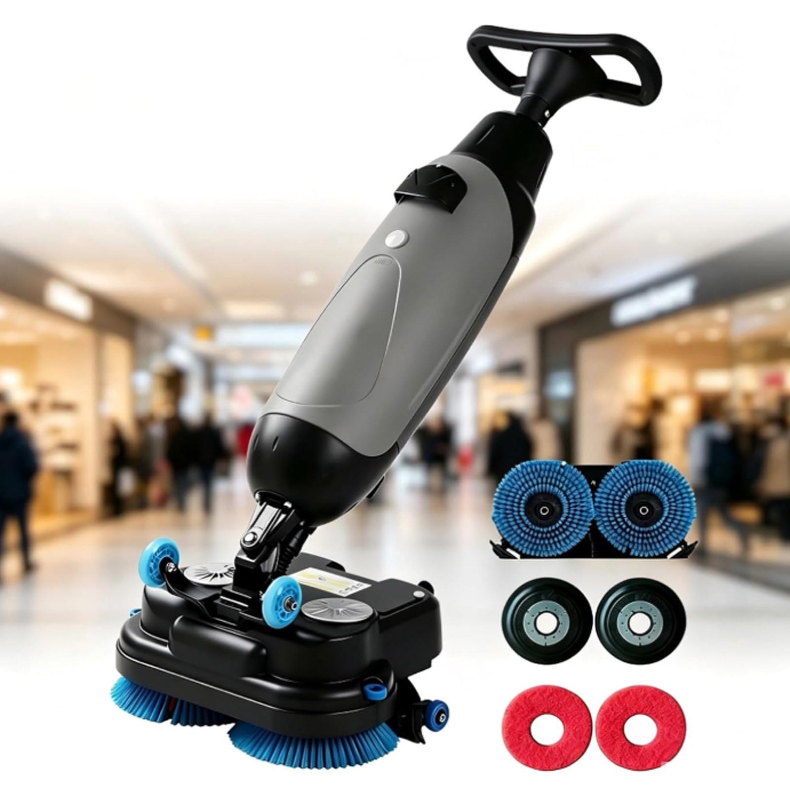 Hydravex Grey Walk Behind Floor Scrubber, Commercial Floor Buffer Machine, 17” Path, Cordless Operations, Double Brushes And 360° Swivel Head 4.5L + 7.5L Dual Tanks For Small Spaces, Offices, Retail