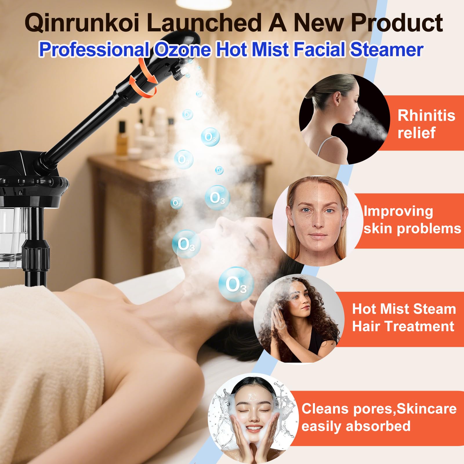Vapore viso professionale, vaporizzatore viso all'ozono SPA su ruote, altezza e angolo regolabili, più vapore, umidificatore viso a nebbia calda, nebulizzatore per bellezza spa, uso domestico