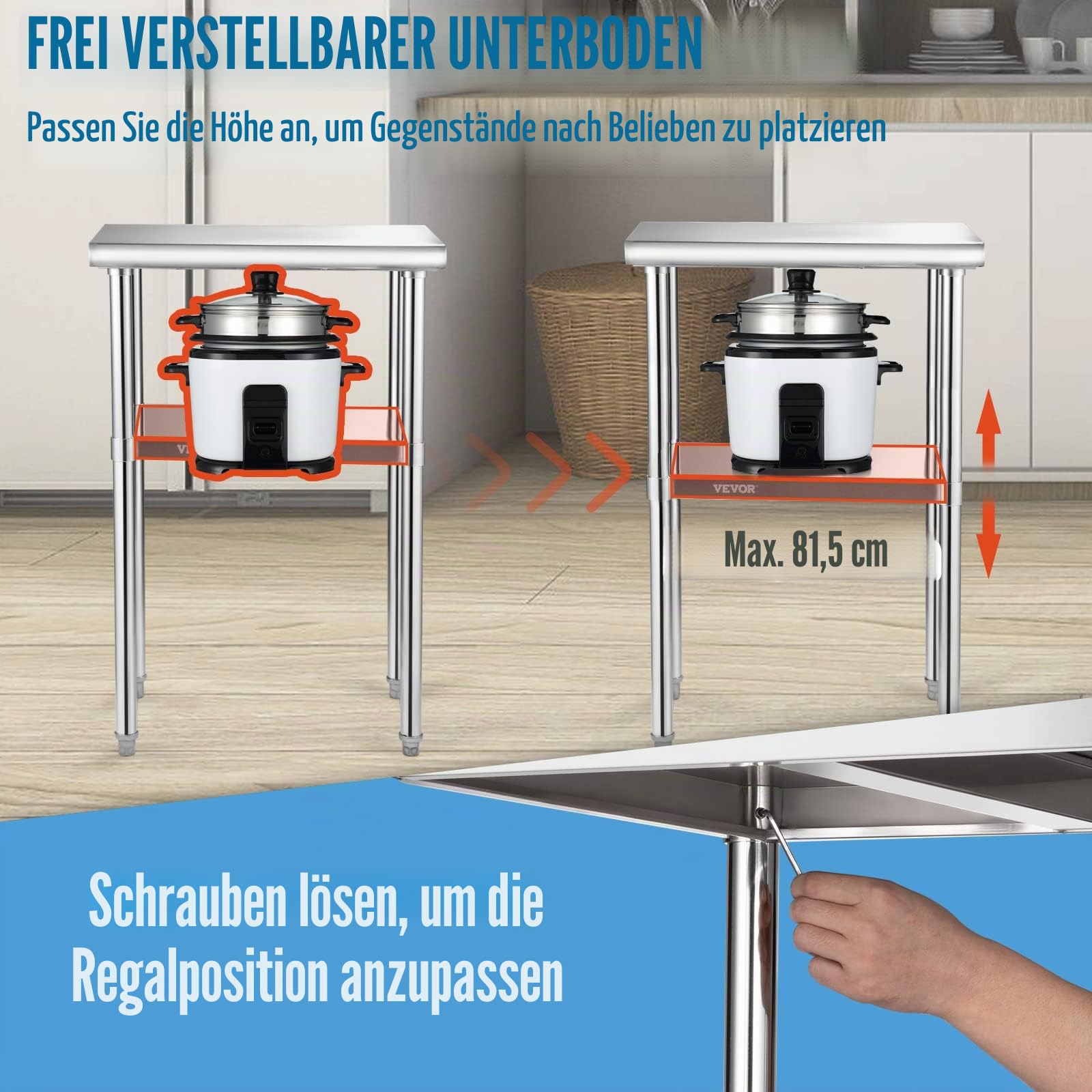 VEVOR Kommerzieller Edelstahltisch 61 x 45,7 x 91,4 cm, Edelstahl Zweilagiger Arbeitstisch Zerlegetisch Gastro 181,4 kg + 91 kg Tragfähigkeit, Gewerbe Küchentisch, Zubereitungstisch Küchenmöbel
