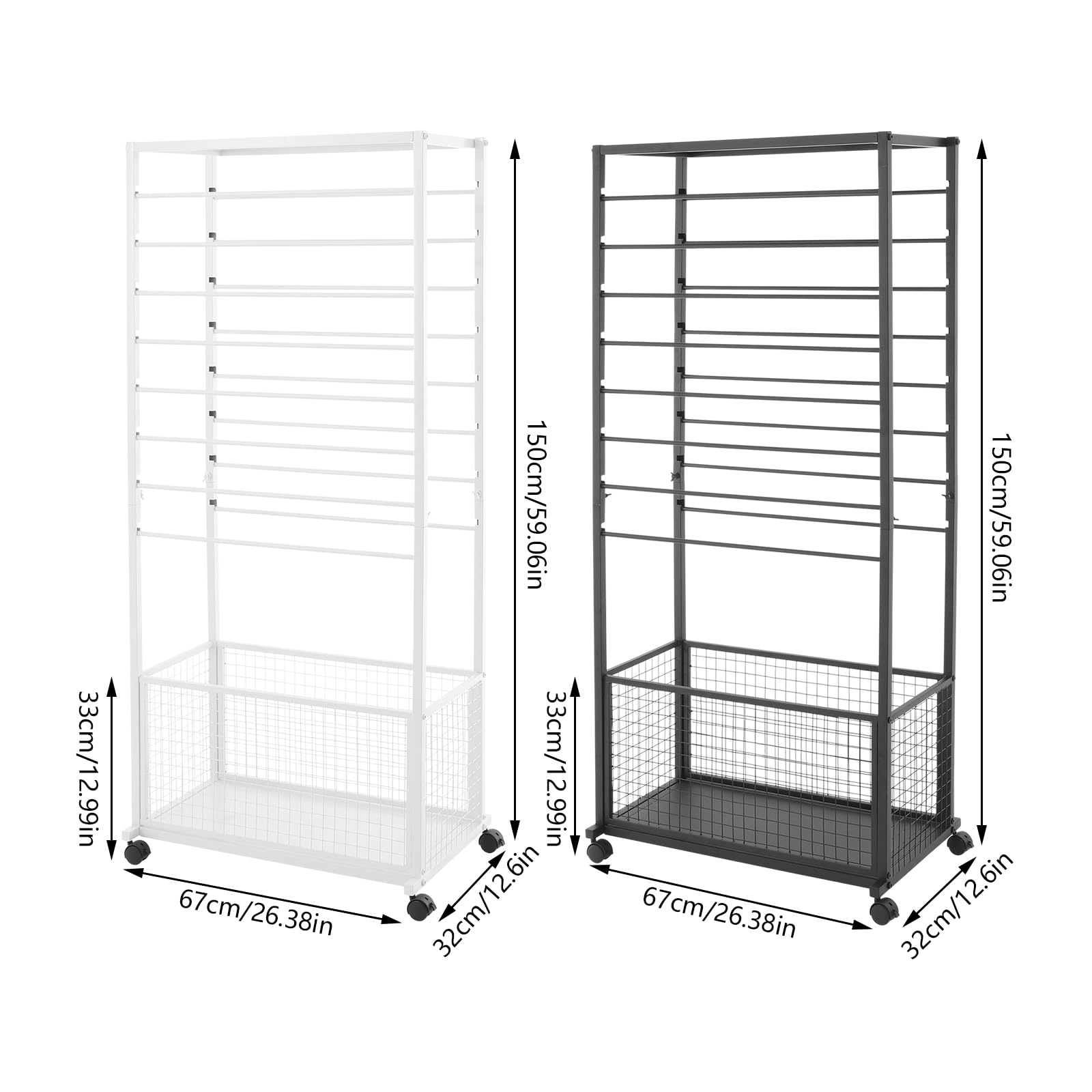 Ribbon Holder Organizer Rack, Double-Sided 16-Layer Ribbon Storage/Holder, Multifunctional Metal Flower Wrapping Paper Storage Stand w/4 Lockable Wheels for Flower Shops, Craft Rooms (White&Black)