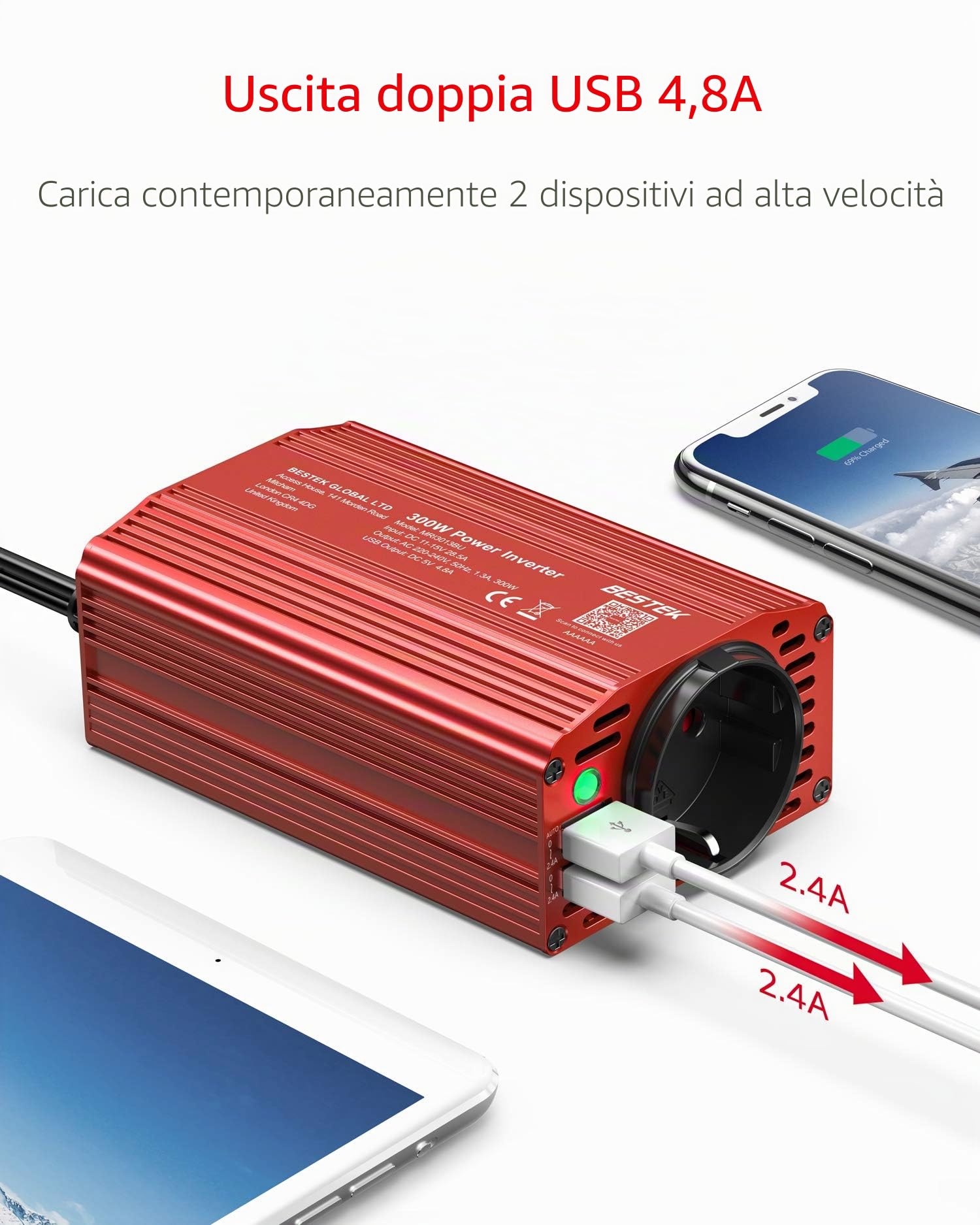BESTEK 300W Inverter da Auto 12V a 220V con 2 Porte USB 2,4 A, Trasformatore Invertitore di Potenza per Camper Viaggio[Onda Sinusoidale Modificata, Adattatore Accendisigari, Clip per Batteria]
