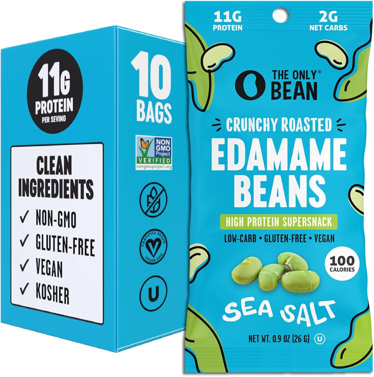 The Only Bean Crunchy Dry Roasted Edamame Snacks (Sea Salt), Healthy High Protein(11g) Keto Food, Low Carb Gluten Free Office Vegan Food 100 Calorie Snack Pack, 0.9oz 10 Pack