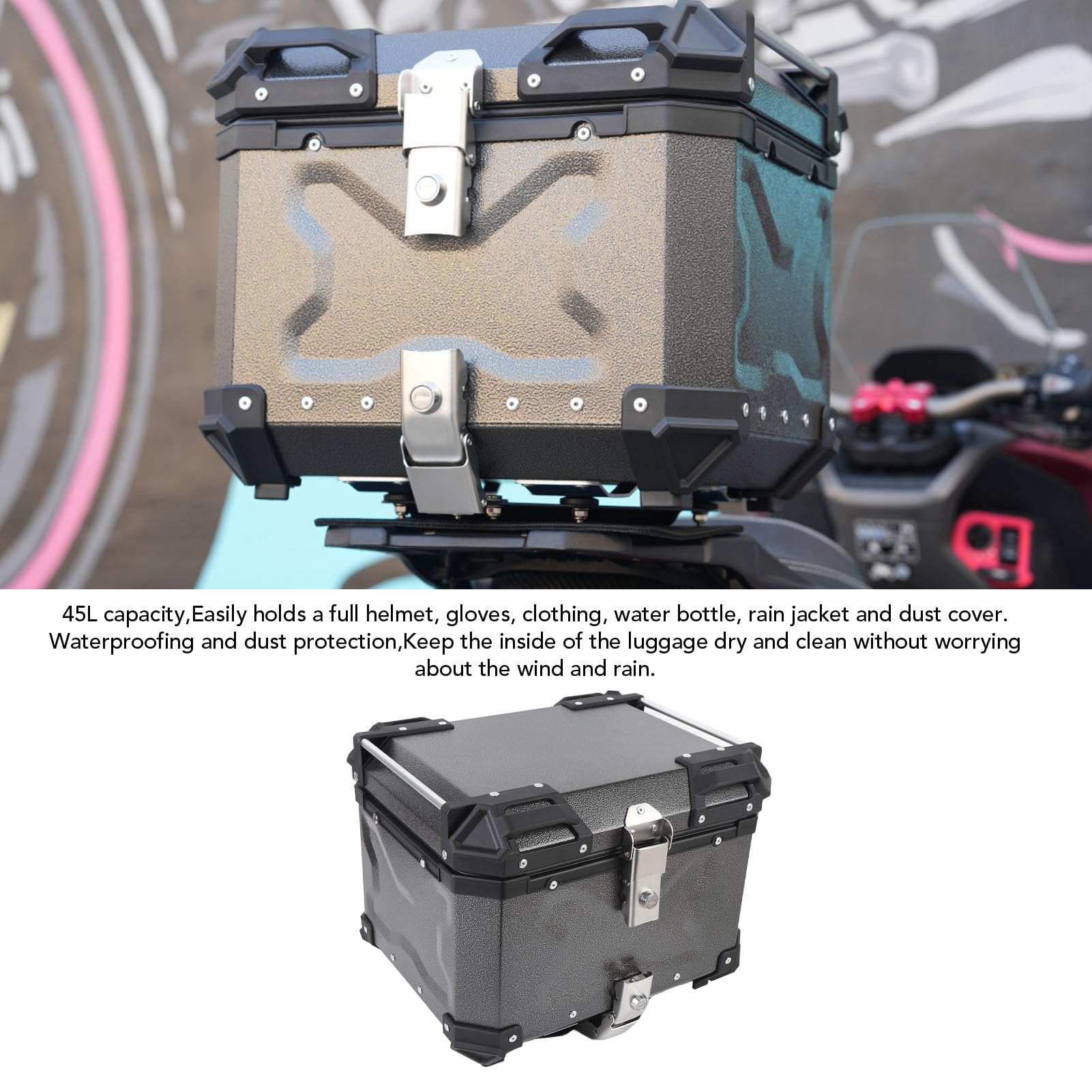Bagażnik motocykla, Skrzynia ogonowa motocykla 45L Uszczelka ze stopu aluminium w kolorze czarnym