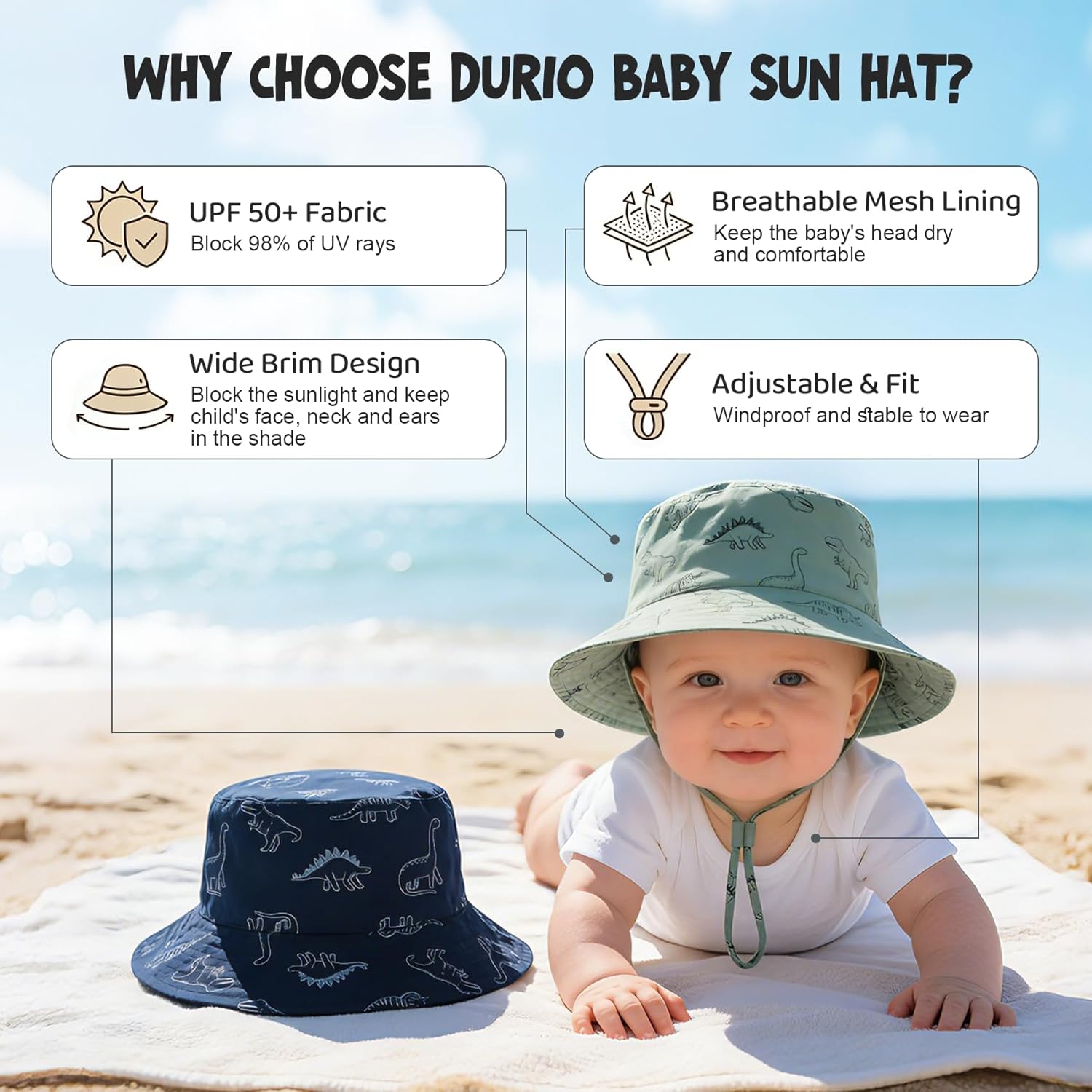 Durio 2-Pack Baby Bucket Hat - UPF 50+ Sun Protection Hat for Infant to Kid, Wide Brim Summer Beach Hats Newborn Toddler Boy - Image 4