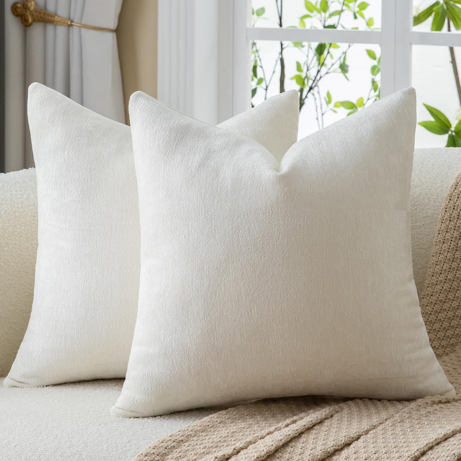 Mandioo Chenille Cream White Cushion Covers 80x80cm 32x32 Inch Set of 2, Decorative Soft Thick Couch Pillow Covers Solid Accent Farmhouse Neutral Throw Pillow Cases for Sofa Bed Living Room
