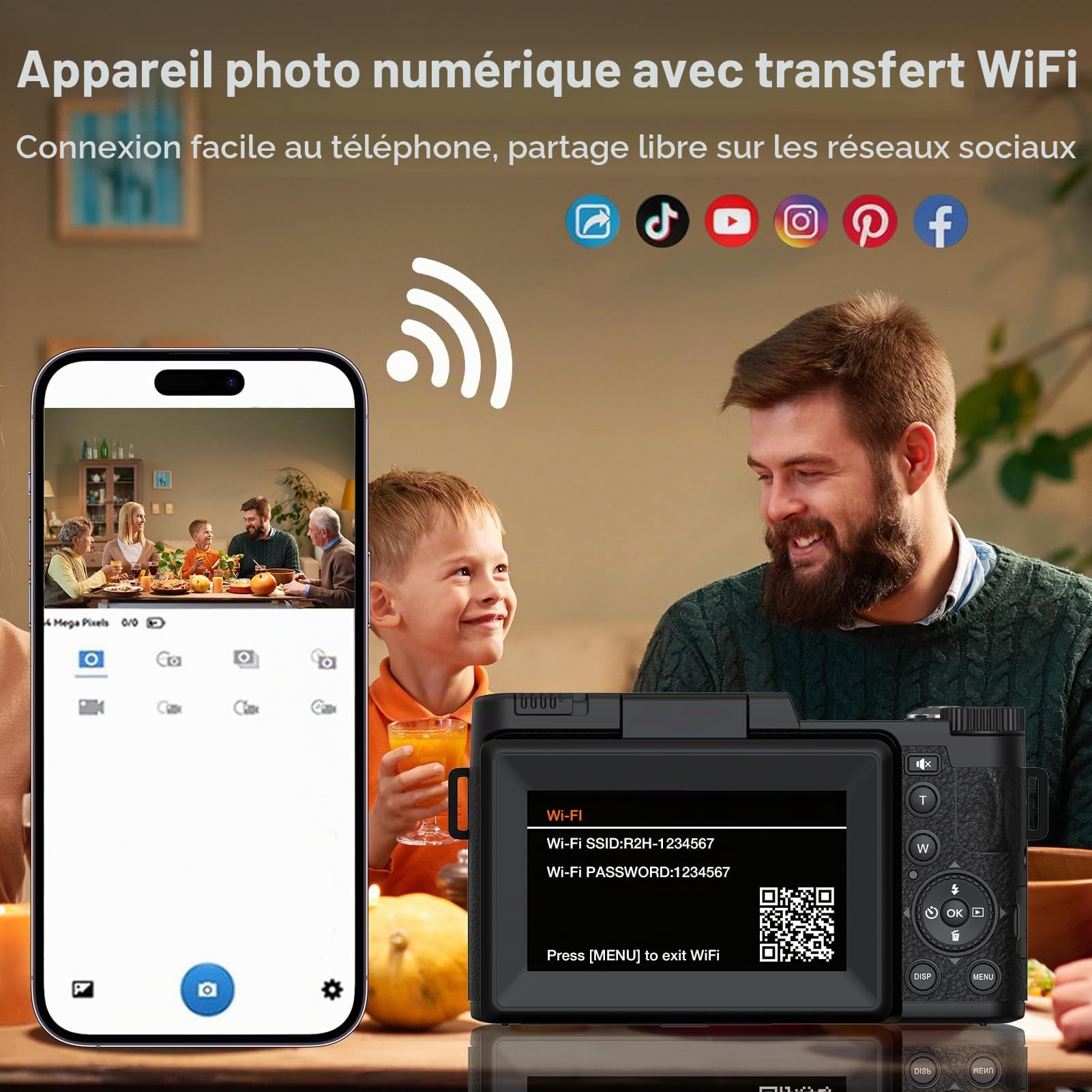 Appareil Photo numérique 5K avec WiFi pour la Photographie, caméra de vlogging 64MP avec écran Rabattable pour Youtube, Comprend Une Carte SD de 64 Go, Un trépied, Une lumière Selfie et 2 Piles
