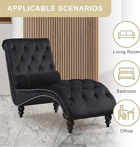 Miniatura 7 de binzida Tumbona de terciopelo para interiores, tapizada con botones y almohada para dormitorio, sala de estar, oficina, respaldo moderno, sofá