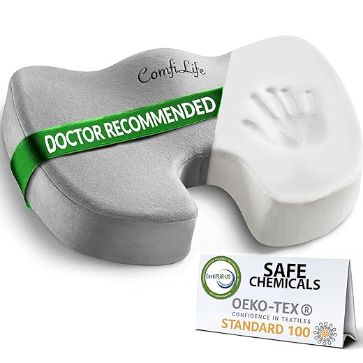 ComfiLife Premium Comfort Seat Cushion - Non-Slip Orthopedic 100% Memory Foam Coccyx Cushion for Tailbone Pain - Cushion for Office Chair Car Seat - Back Pain & Sciatica Relief (Gray)