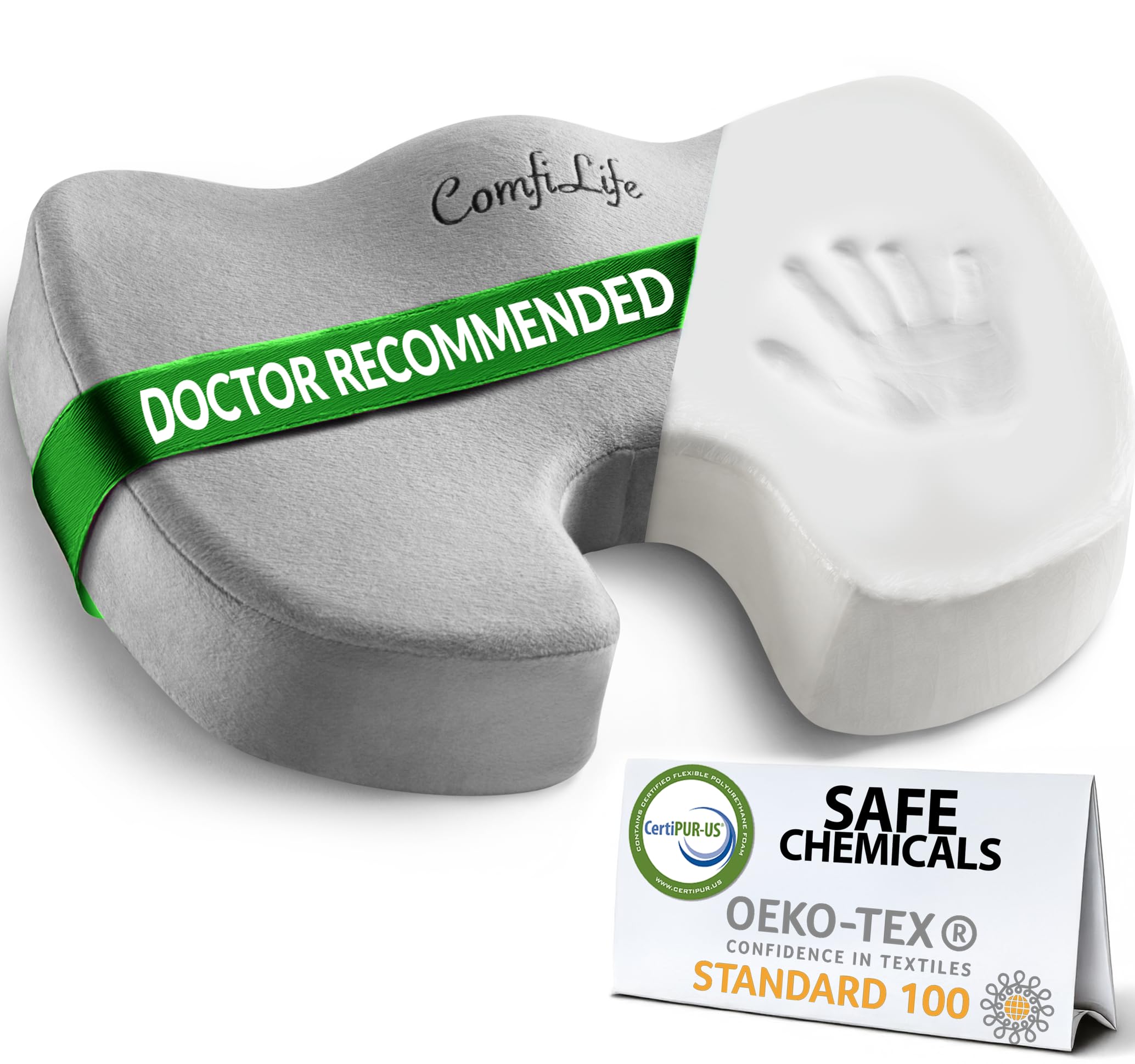 Premium Comfort Seat Cushion - Non-Slip Orthopedic 100% Memory Foam Coccyx Cushion for Tailbone Pain - Cushion for Office Chair Car Seat - Back Pain & Sciatica Relief (Gray)