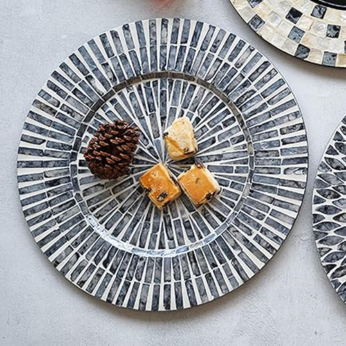 Miniatura 5 de i-lan Juego de 2 bajoplatos decorativos de madreperla para exhibición, bajoplatos de madera con incrustaciones de concha marina de 13" para cena,