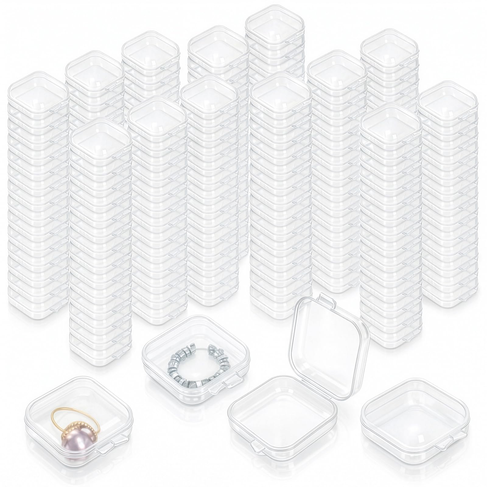 Dicunoy 200 mini scatole di plastica trasparente, piccole scatole per gioielli con coperchi incernierati, scatole per anelli, scatole portatili per orecchini, collane, accessori fai da te