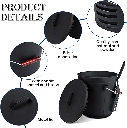 Miniatura 4 de Cubo de ceniza para chimenea con tapa, cubo de ceniza de metal de 5.2 galones con tapa, fuelle para chimenea, pala, guantes, cepillo, pinzas para