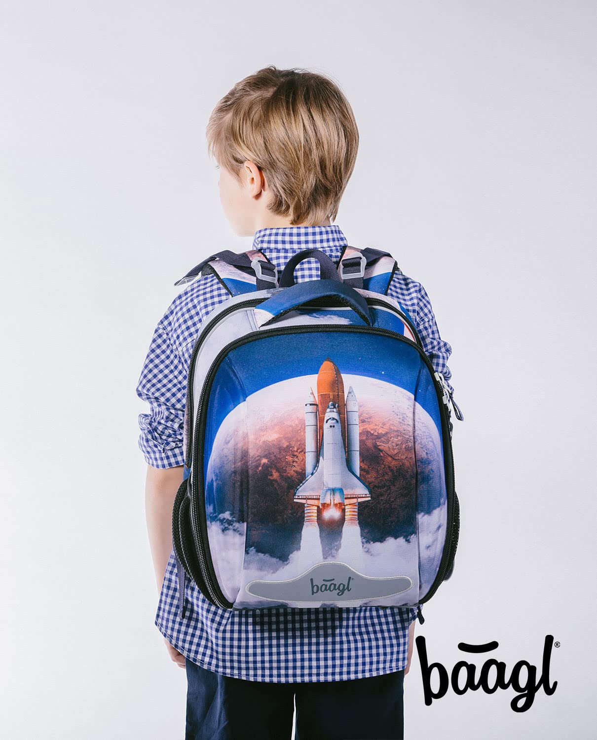 Baagl Shelly - Juego de 3 mochilas escolares para niños a partir de 1ª clase, mochila ergonómica para escuela primaria con correa para el pecho, Space Shuttle, Juego de mochila escolar