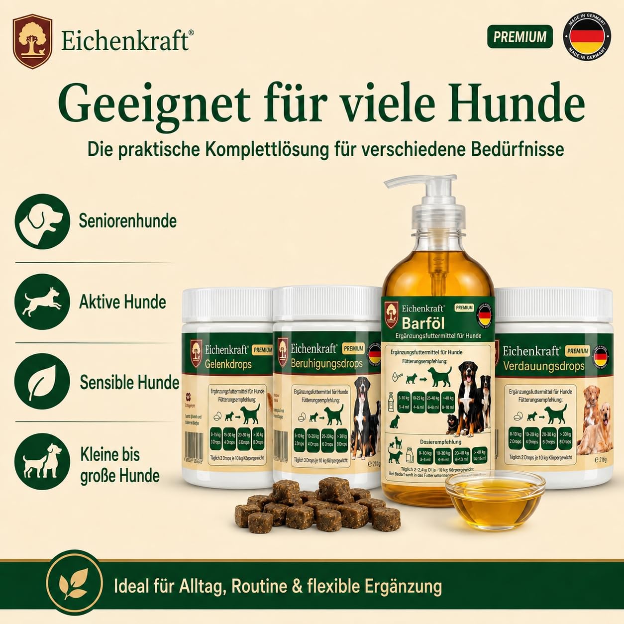 Hunde Kausnacks Lachsöl 4er Set Gelenk Beruhigungs Verdauungsdrops Barf Öl