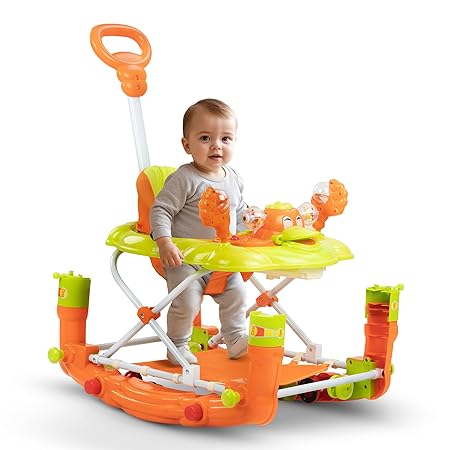 Baybee Cheezy Baby Walker Cum Rocker for Baby, Activity Kids Walker for Baby with 2 Height Adjustable & Parental Push Handle & Musical Toy Bar | Push Walker Baby 6-18 Months Boy Girl (Orange)