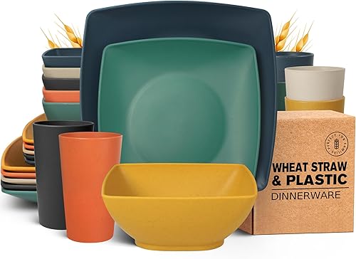Teivio Juego de vajilla cuadrada de paja de trigo de plástico de 24 piezas para 6, platos llanos irrompibles, platos de ensalada, cuencos de