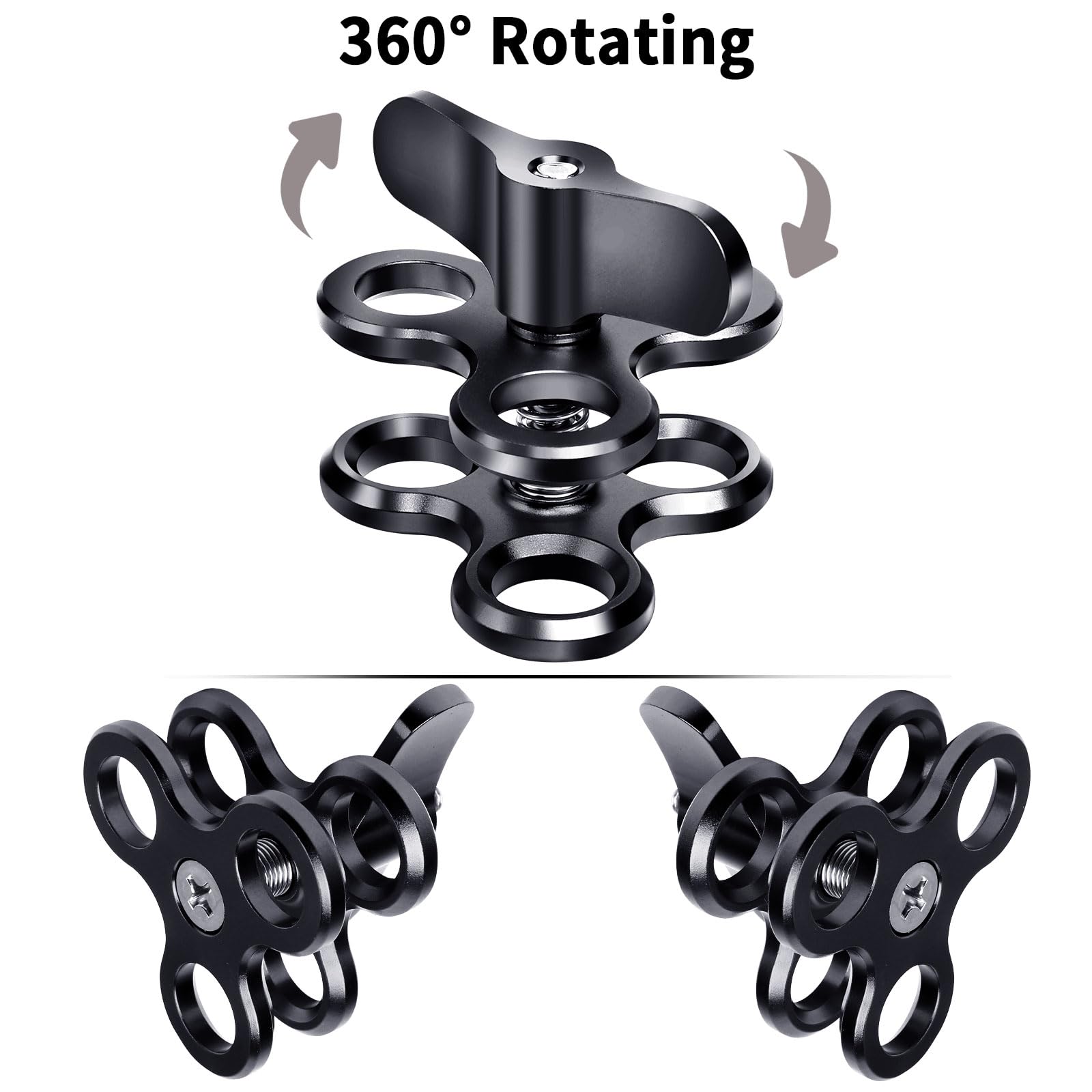 Aluminium Triple Trous Joint Pince pour Plongée sous-Marine, Système de Plateau de Bras Léger, Clip 360° pour Caméra d'Action, Bras de Lampe de Poche (2PCS)