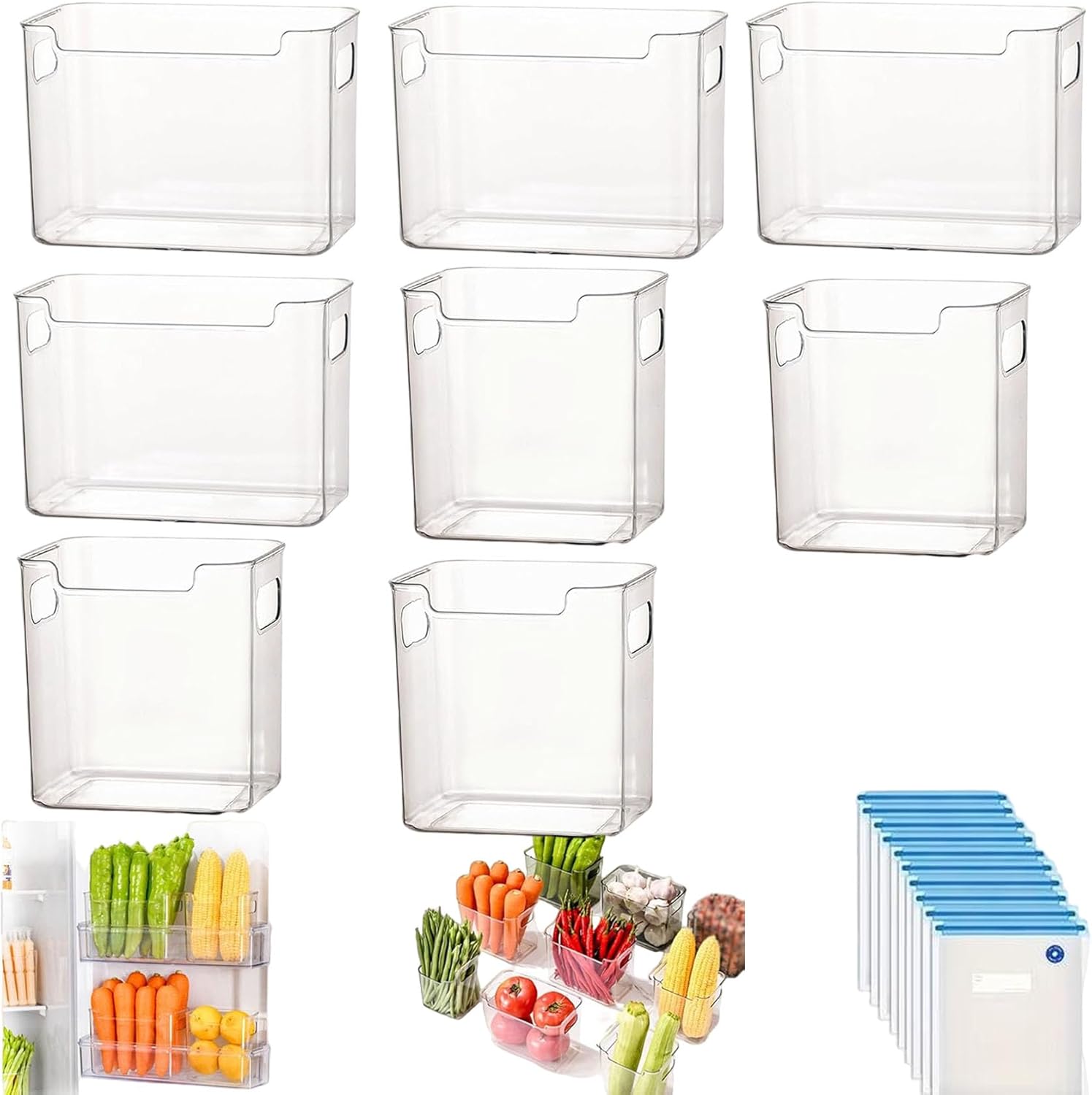 Crystal Clear Freezer Storage Bins, 4 Pack Clear Plastic Storage Bins for Pantry Organizers and Storage, Kitchen Stackable Containers with Handle for Refrigerator, Fridge, Cabinet (4Pcs L+4Pcs S)