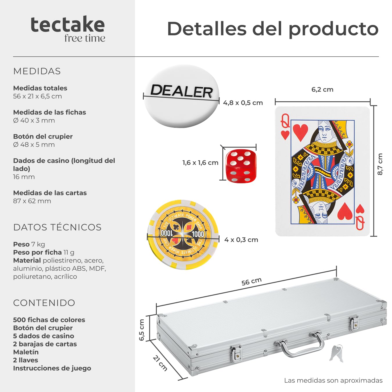 tectake 402559 Maletín de Póker Aluminio con Fichas Láser Poker Chips, 500 Pieza, Incl. 5 Dados + 2 Barajas de Cartas + 1 Ficha de Dealer, Plateado