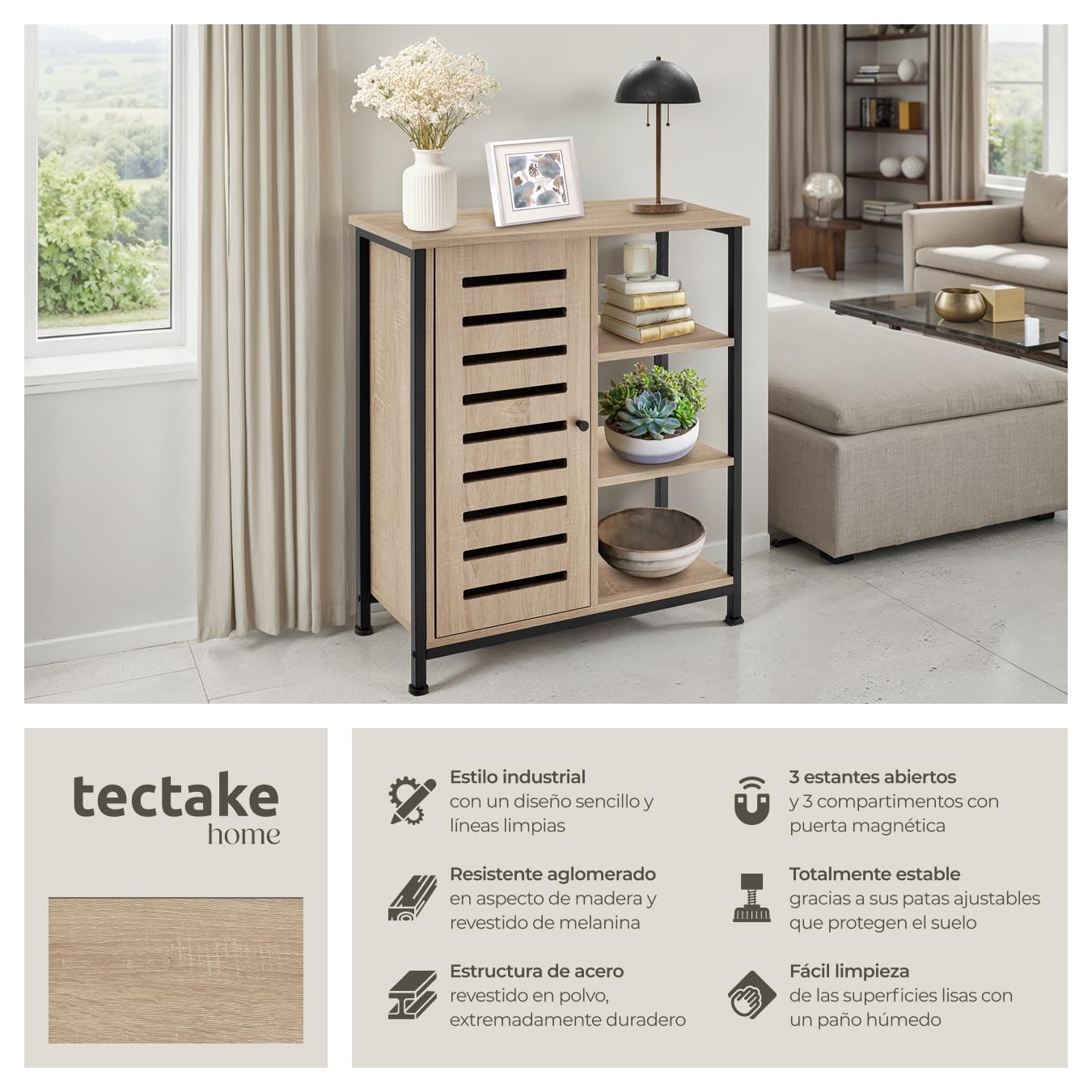 tectake® Aparador Estilo Industrial con Armario Dormitorio, Mueble Baño, Estanterias Almacenaje, Estanteria Baño - 71 x 32 x 82 cm Puerta a la Izquierda Madera Industrial Clara, Roble Sonoma