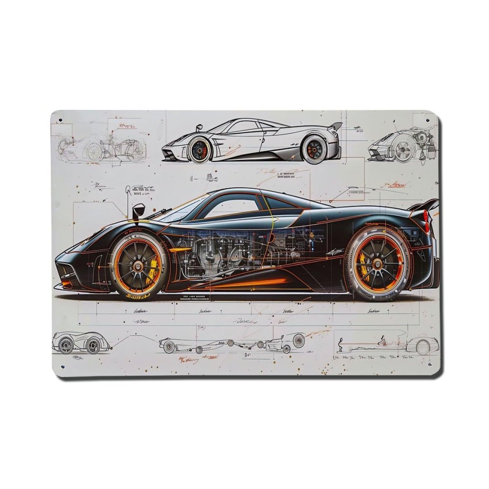 Hypercar Structural Disassembly for Huayra BC Metal Tin Sign Plaque Wall Decor for Cafe, Club, Garden Metal Poster 8x12Inch