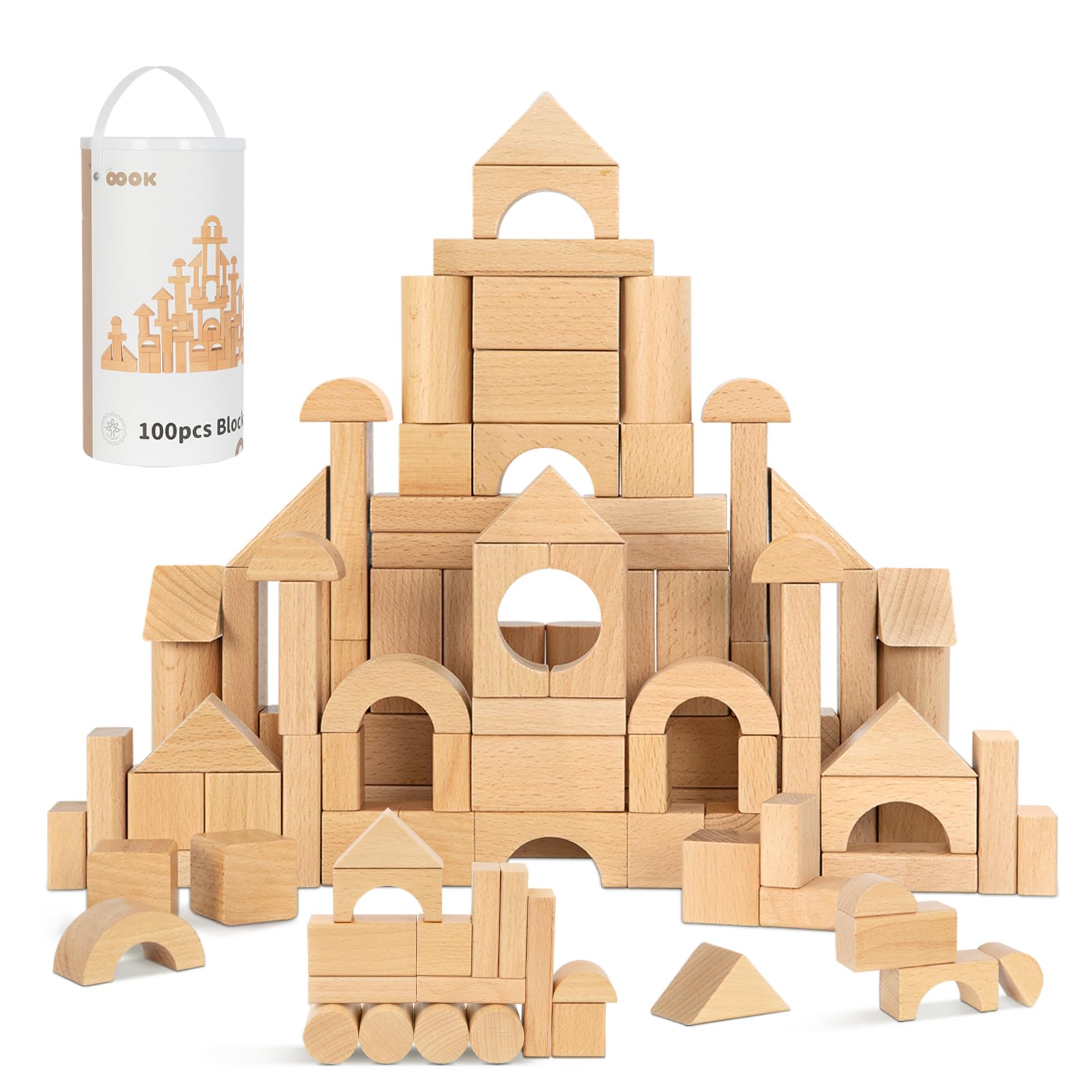 OOOK Natural Beech Wood Building Blocks for Toddlers 1-3, 100pcs Kids  Wooden Blocks with Storage Bucket and Shape Sorter Lid, Preschool Learning  Toys