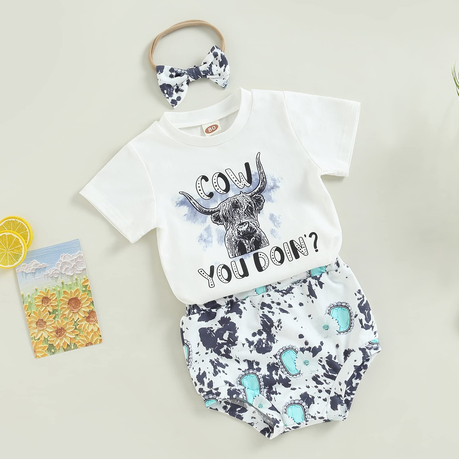 Western Baby Girl Clothes Boho Cow Print Short Sleeve T Shirt Top + Bloomer Shorts Set Infant Summer Outfits (B-White Bull, 12-18 Months)