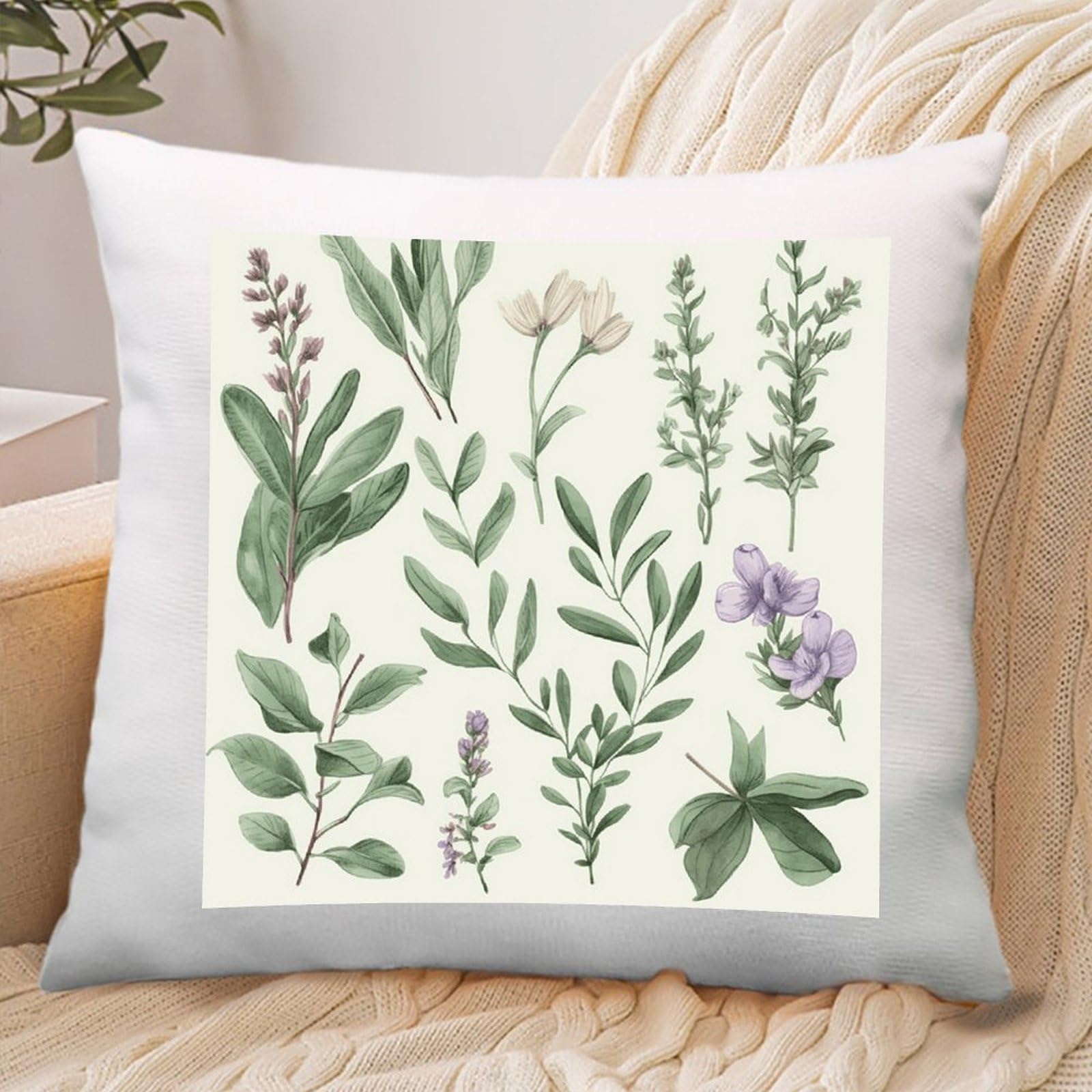 Green Flower Herb Sage Leaves And Branches Throw Pillow Covers Square Cushion Cases with Zipper Soft Cotton And Linen Pillowcase Luxury Cozy Pillows Shams Lumbar Pillow Shells for All Seasons