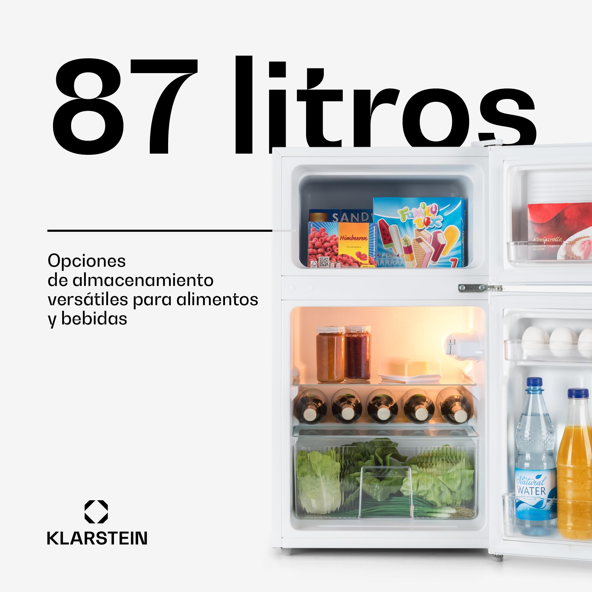 KLARSTEIN Big Daddy Cool – Combinación Nevera-Congelador, Neveras silenciosas de 87L de capacidad, Eficiencia energética clase E, Frigorífico de 61L, Congelador de 26L, Blanco