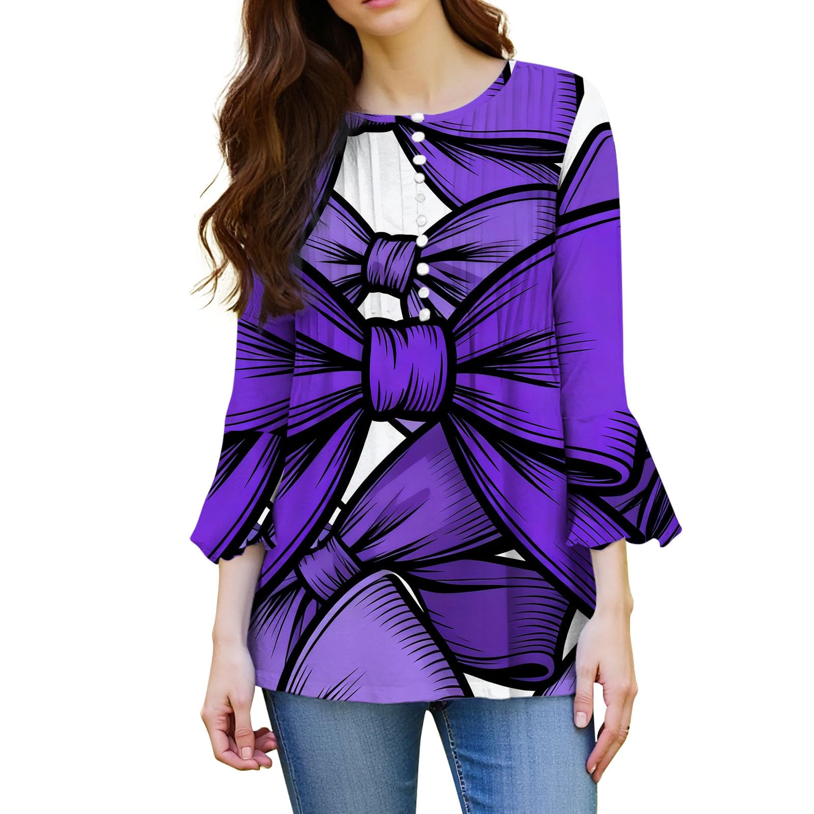 Camicetta da donna con scollo a V e maniche a 3/4, con stampa grafica con grande fiocco, vestibilità larga, stile retrò, casual, per tutti i giorni, ufficio, lavoro, feste