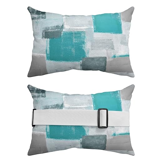 Teal Grey Outdoor Chaise Lounge Head Resting Pillows 2 Pack, Turquoise Grey Abstract Art Painting Waterproof Patio Furniture Pillow with Insert Adjustable Elastic Stripe for Recliner Beach Chairs