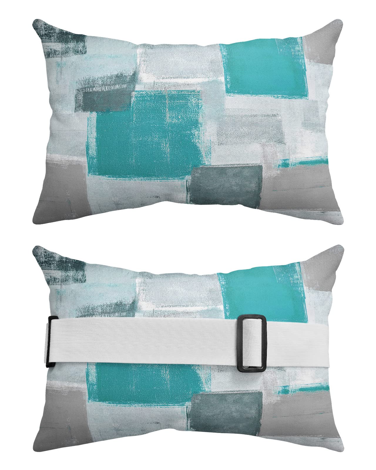 Teal Grey Outdoor Chaise Lounge Head Resting Pillows 2 Pack, Turquoise Grey Abstract Art Painting Waterproof Patio Furniture Pillow with Insert