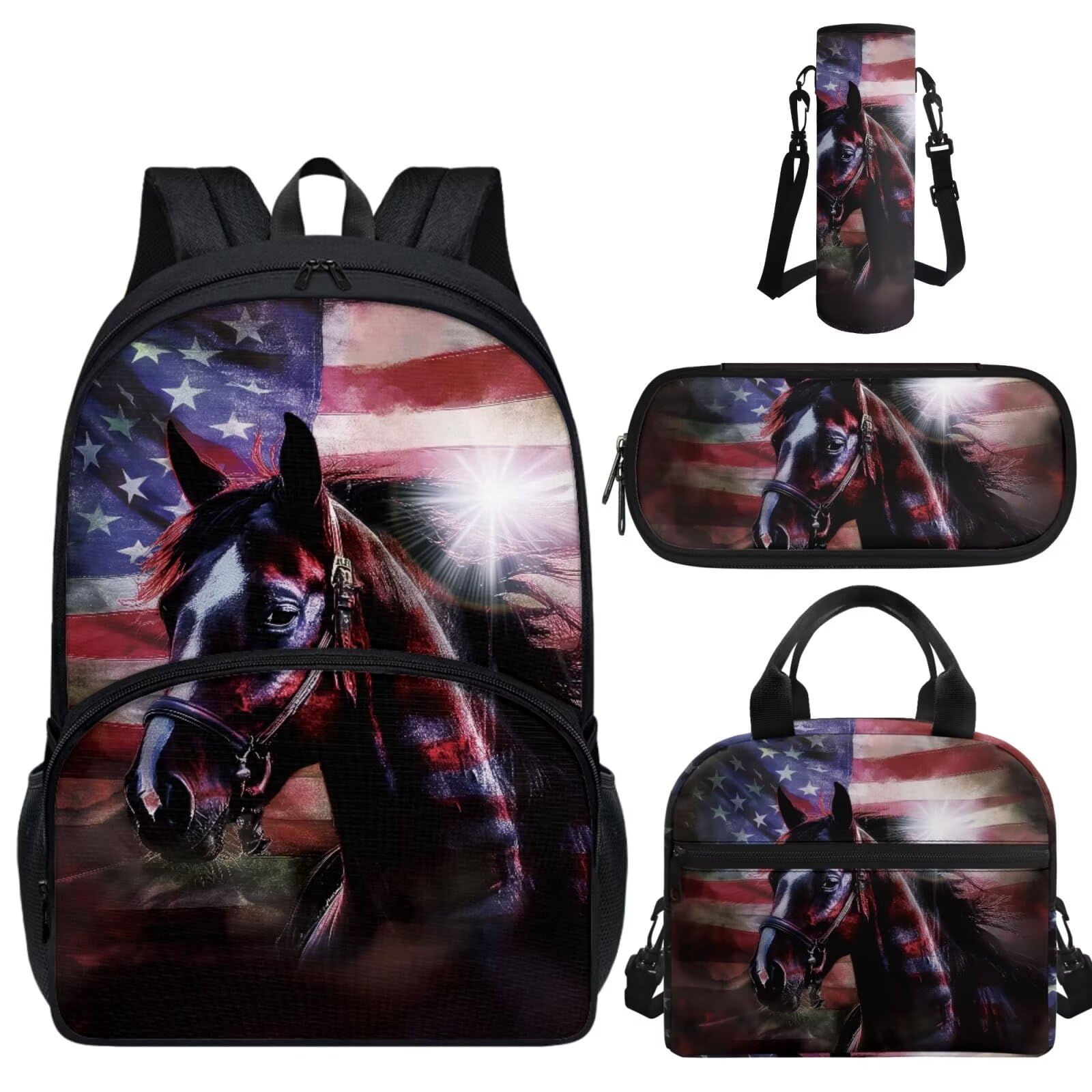Luarisgur Horse American Flag Backpack for Middle School Girls with Lunchbox 4 Piece School Backpack Set for Boys Teens 17 inch Child Back Pack