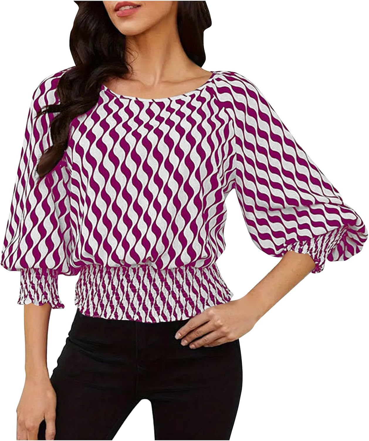 Womens Puff Sleeve Shirts Fashion 3/4 Sleeve Shirts Loose Fit Work Blouses Dressy Casual Elastic Waist Babydoll Tops