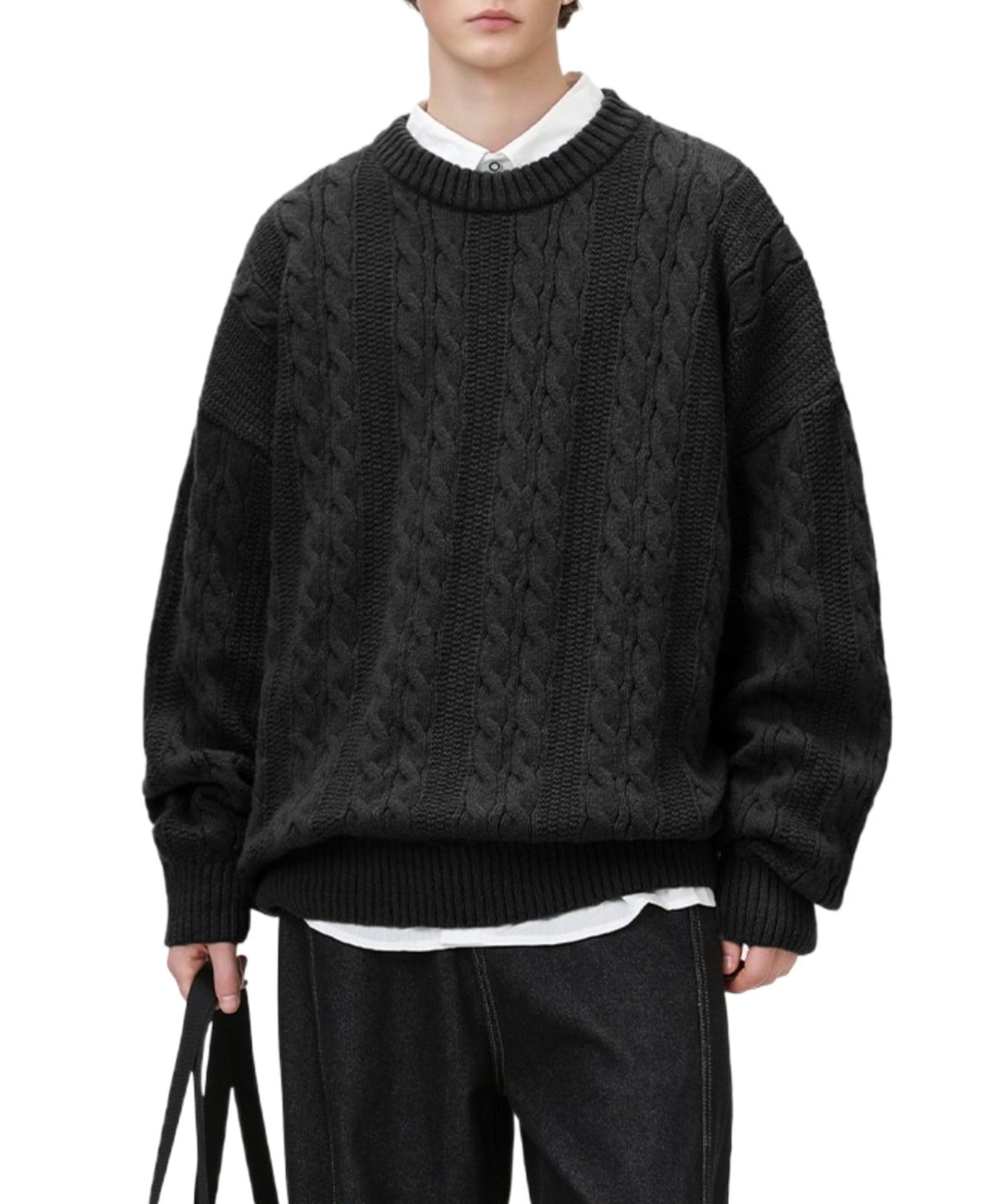 pohadon Men's Oversized Cable Knit Sweater Vintage Grandpa Aesthetic Grunge Pullover Tops Fall Winter Y2k Trendy Clothes-picture-36