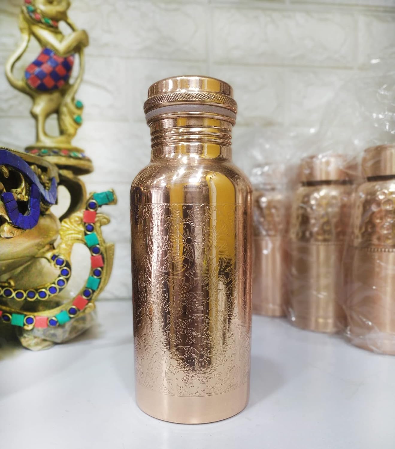 Pure Copper Embossed Water Bottle 17 Oz with Lid Ayurvedic Water Bottle Copper Water Vessel Small Leak Proof Seamless Finish