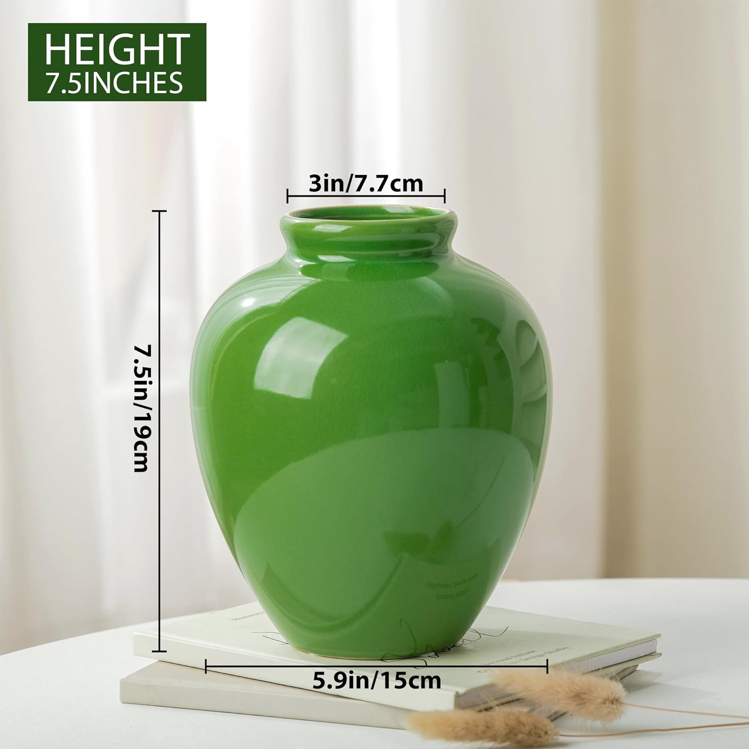 7.5IN Green Ceramic Vase, Vintage Flower Vases with Ice Cracked Glazed for Home Decor, Rustic Decorative Chinoiserie Vase for Table Centerpiece Living Room Shelf Farmhouse Decor - Image 2