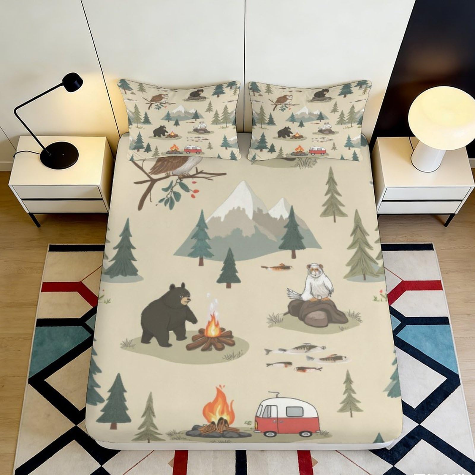 3D Printed Forest Bear Fitted Sheet Microfiber Soft Woodland Animal Bed Cover for Bedroom Guest Room Decor 90x200x25cm