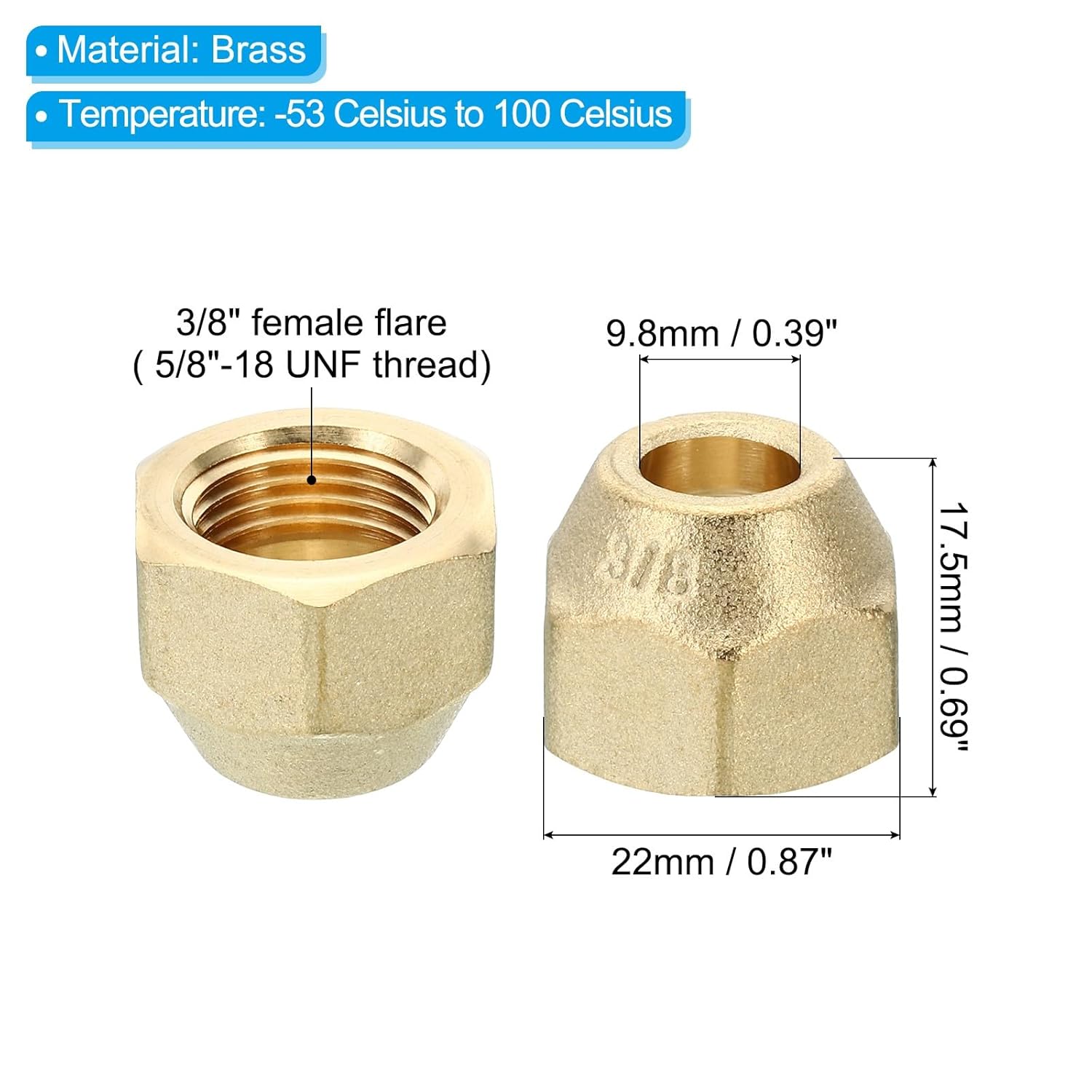 #US 2pcs 3/8 SAE Brass Flare Nut 45 Degree Copper Flared Pipe Fitting Cap Matte