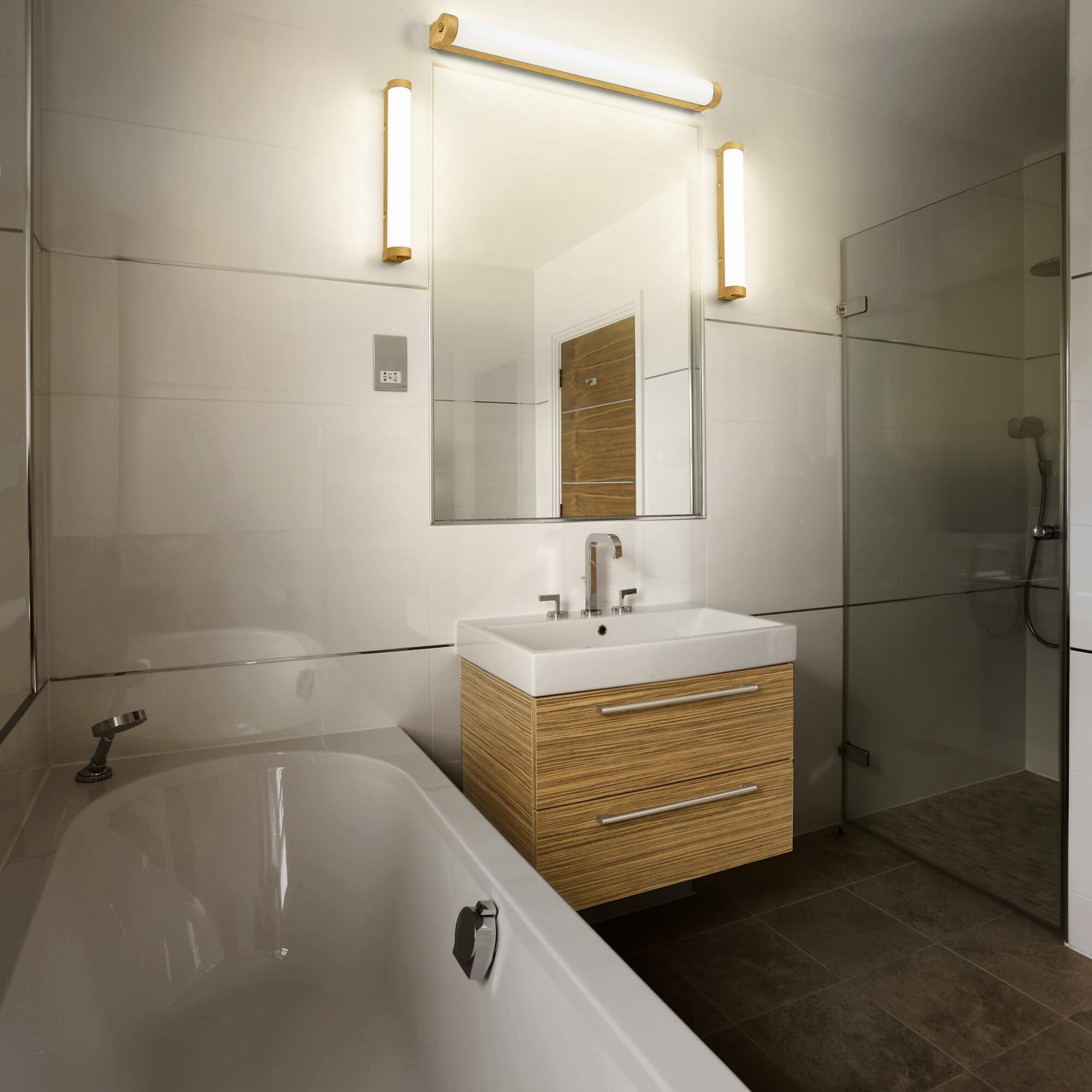LEDVANCE da parete/specchio LED ORBIS Tube, vetro satinato/decoro legno, 12W, 1200lm, dimmerabile, 3000/4000K, diametro 60cm, protezione IP44 contro corpi estranei/spruzzi d'acqua